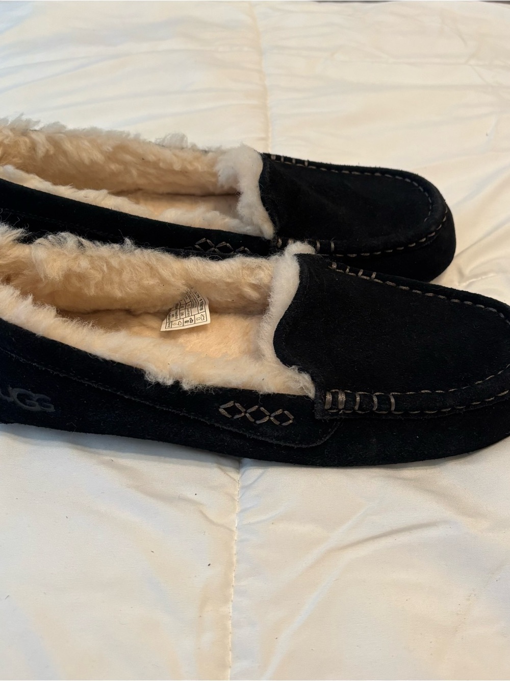 UGG Black Suede Shearling Moccasin Slippers